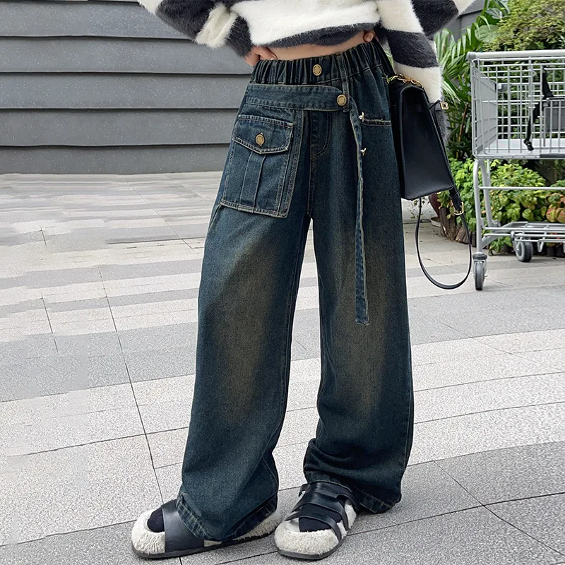 

Girls Jeans Vintage Cargo Jeans 2023 Winter New Children Large Children Loose Wide Legs Plus Fleece Mop Pants Girl Pants