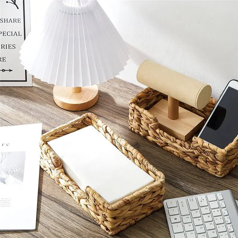 newA10R 2PCS Bathroom Disposable Guest Towel Holder Long Seagrass Woven Rattan Wicker Table Hand Guest Towel Basket Tray,L