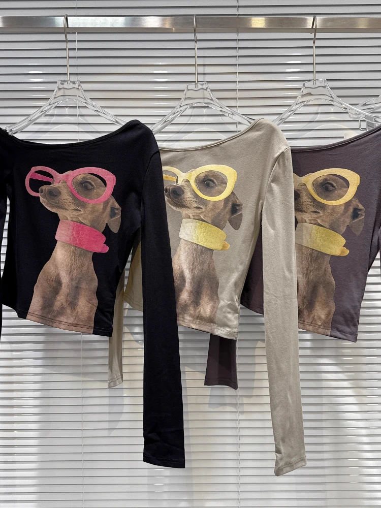 2025 nova camisa básica malha dos desenhos animados impressão cão topo feminino gótico punk camiseta e menina magro manga longa camisetas streetwear cyber y2k topos