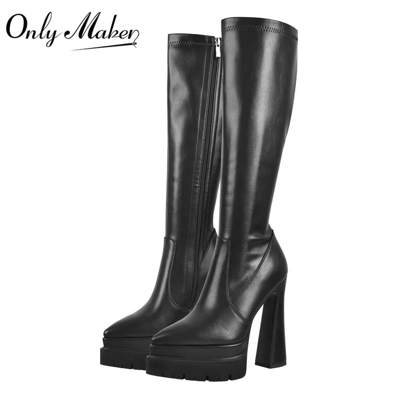 Onlymaker Women Pointed Toe Platform Knee High Zipper Boots Black Zip Anti Slip Thick Block Heel Wide Calf Party Boots