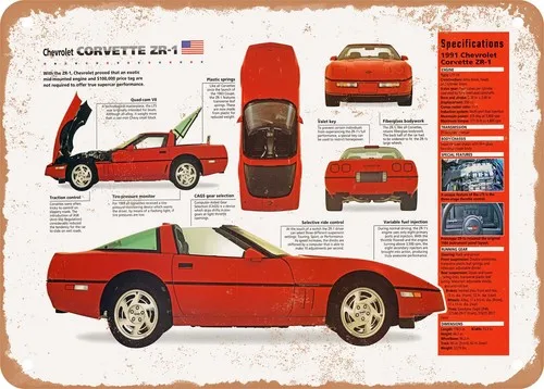 u1,Classic Car Art - 1991 Corvette ZR1 Spec Sheet - Rusty Look Metal Sign