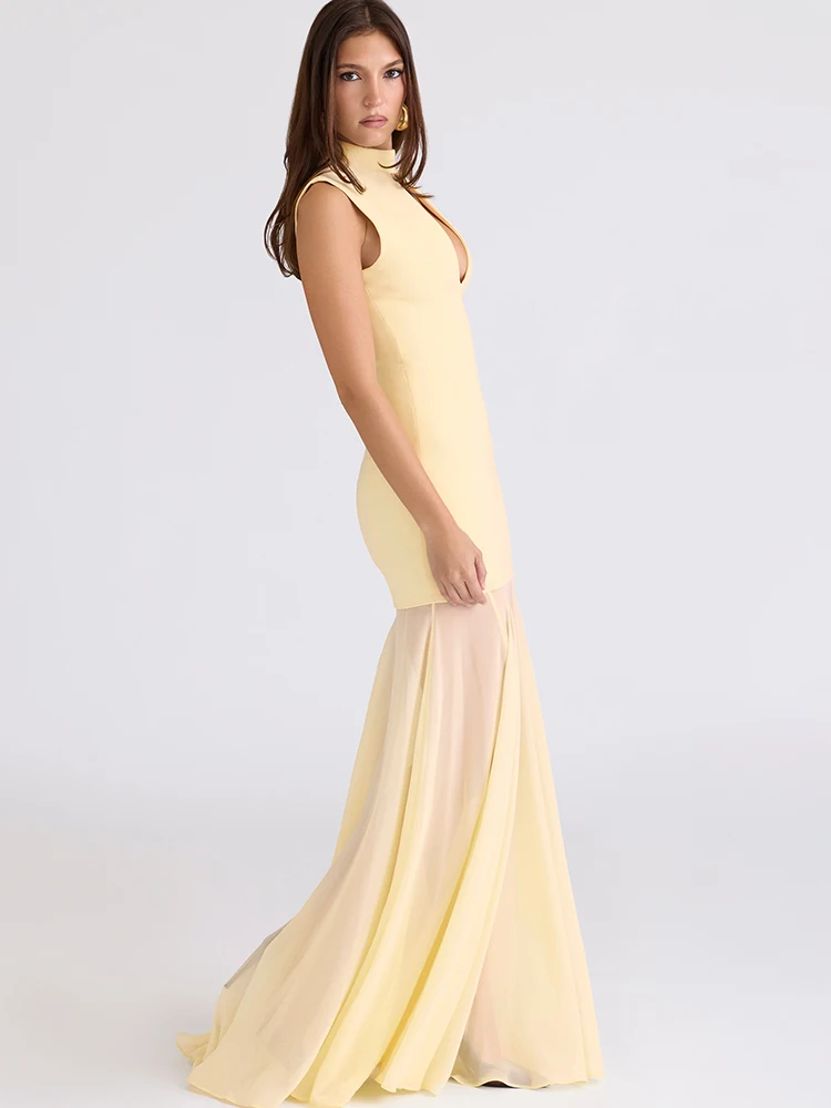 JULISSA MO Turtleneck Patchwork Sexy Hollow Out Mesh Women Maxi Dress Autumn Sleeveless See Through Elegant Party Evening Dress