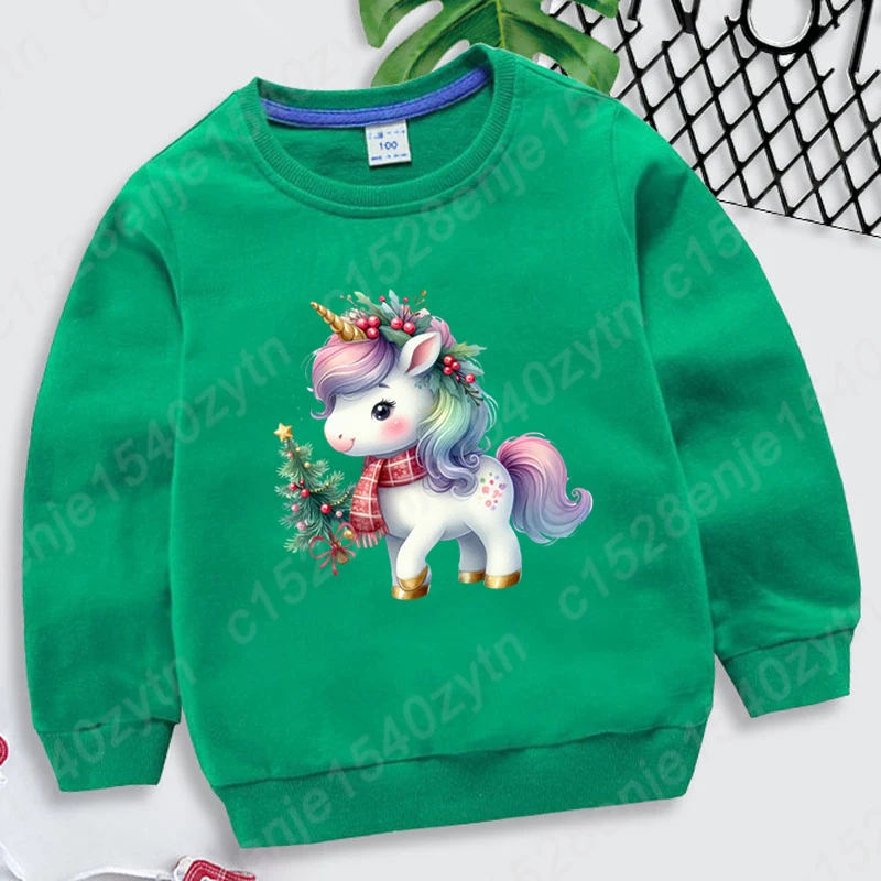 Cute Christmas Unicorn Hoodless Sweatshirt Fashion Children Casual Long-sleeved Pullover Loose Winter Autumn Pullovers Kids Tops