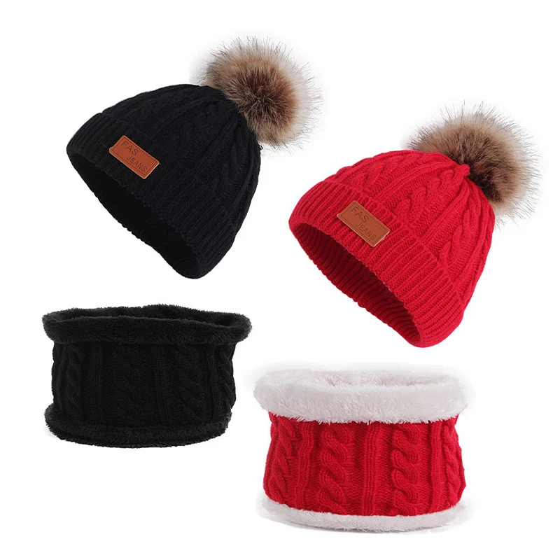 2pcs/set Winter Knitted Children Beanie Cap Scarf Set Kids Pompom Hat Scarf Suit Outdoor Thick Warm Accessories