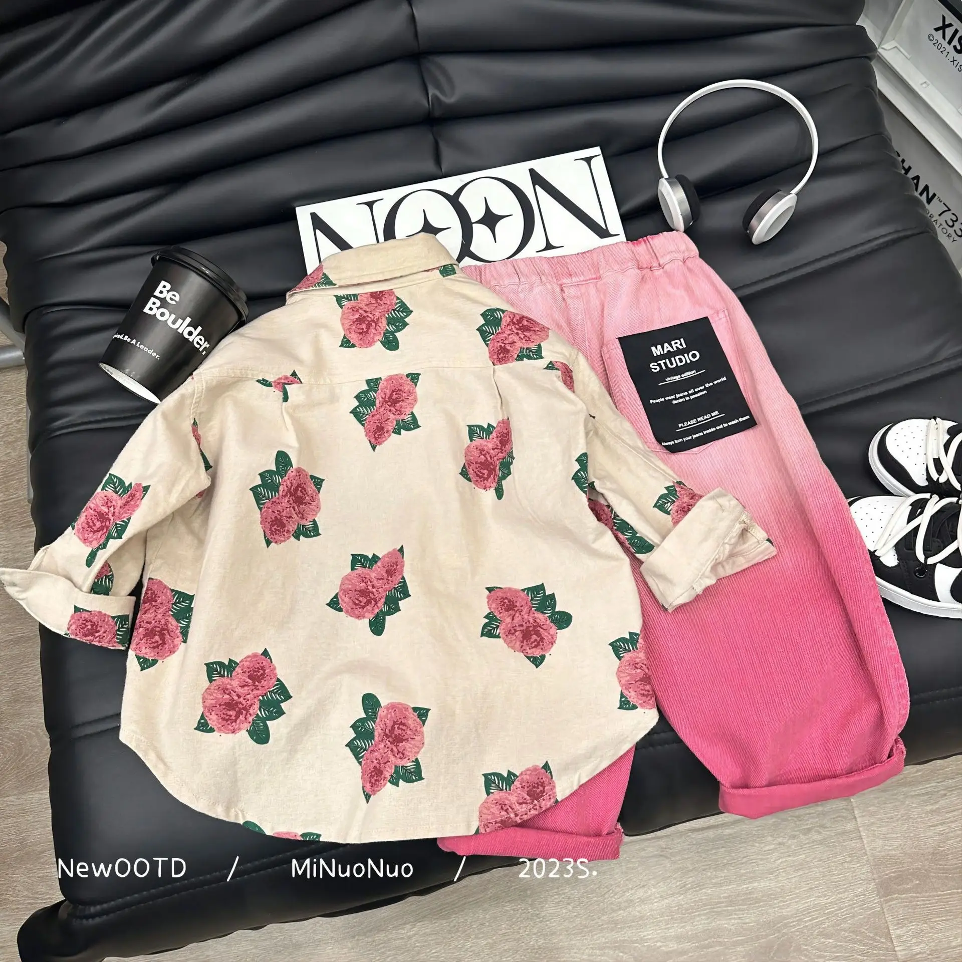 Autumn Children Girls Polo Shirts Peony Flower Full Printed Toddler Girl Coat Colorful Casual Single Breasted Baby Girls Blouses