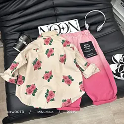 Autumn Children Girls Polo Shirts Peony Flower Full Printed Toddler Girl Coat Colorful Casual Single Breasted Baby Girls Blouses