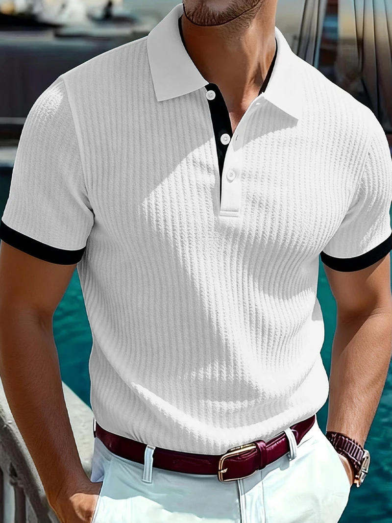 Men's Contrasting Colors Polo shirt Casual Turn-down Collar Short-sleeved T-shirt Classic Knitted Stripped Golf Shirt Top MY1156
