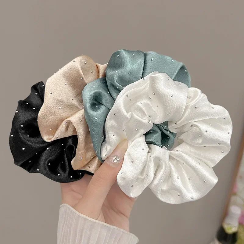 Elegant Retro Shiny Starry Dots Hair Scrunchies Satin Silk Hair Bands Women Rhinestone Satin Hair Rope Solid Color Rubber Bands