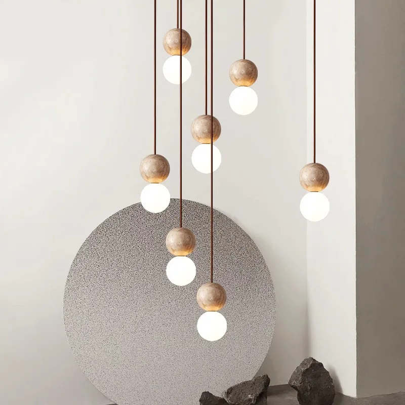 

Dining Table Led Pendant Light Japanese Style Wabi-sabi Round Stone Hanging Light Bedside Chandelier Modern Loft Pendant Lamp