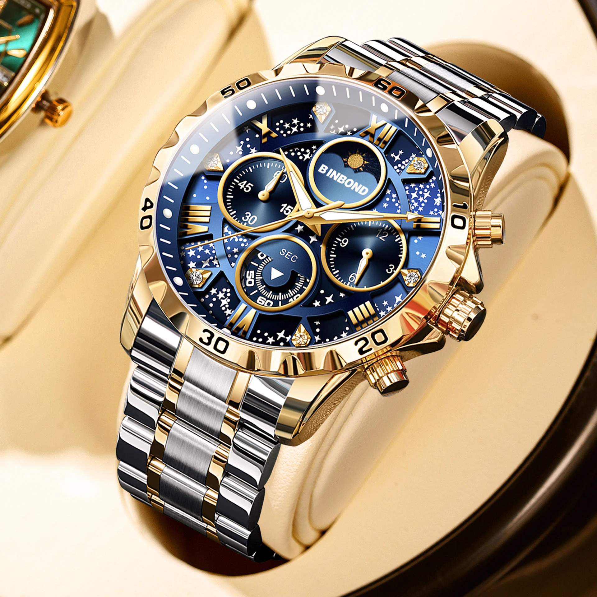 

BINBOND Luxury Men's Watches Sports Quartz Wrist Watch for Man Waterproof Stainless Steel Luminous Chronograph Date Moon Phase