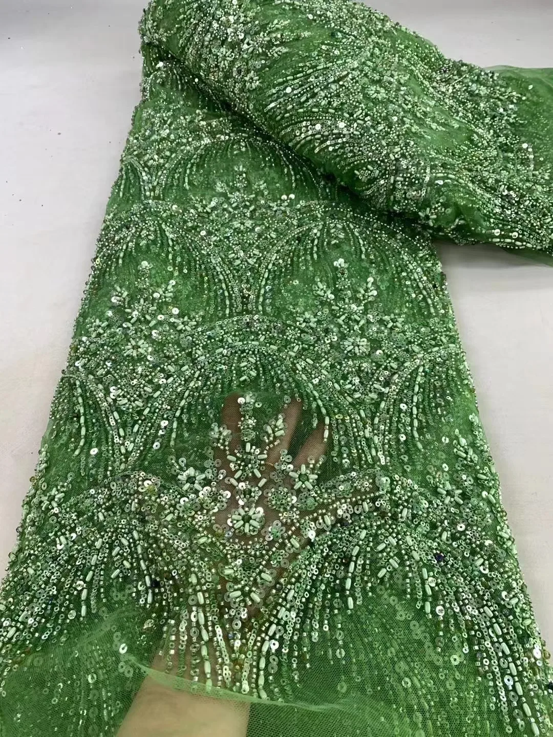 

Green 2024 High Quality African Handmade Beaded Lace Fabirc Nigreian Embroidery Sequins Lace Fabric Women Wedding Dress