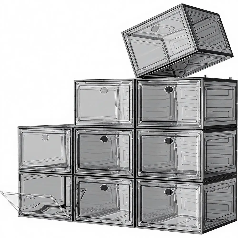 

Clear Shoe Boxes Organizer, Thicker Material, Strong Magnetic Door, Stackable Storage, Space-Saving Shoe Cabinet, Black 9-Pack