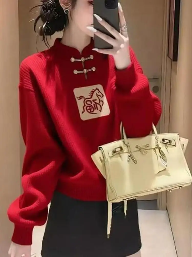 

Red Knitted Sweater with Button Design And High Waist ort Skirt Two Piece Set for Women Chinese Sle Autumn Winter Faion