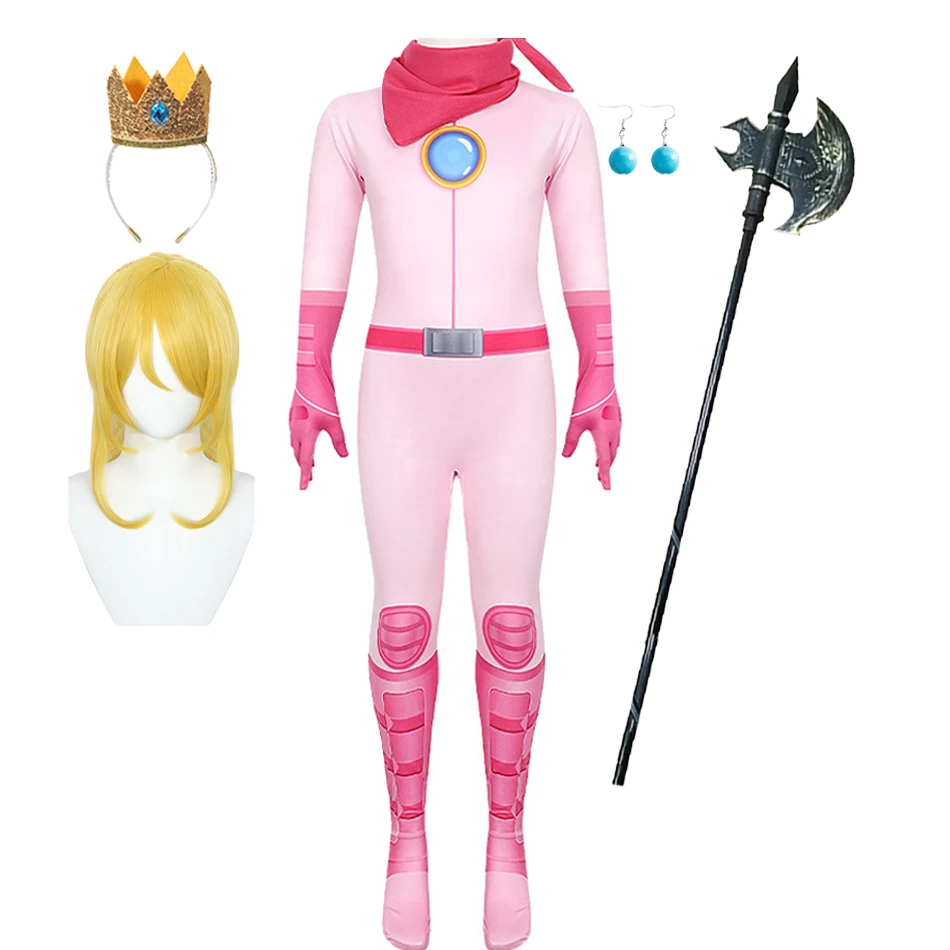 Girls Princess Peach Costume Cosplay Halloween Party Jumpsuit Fancy Disguise Role Playing Clothes