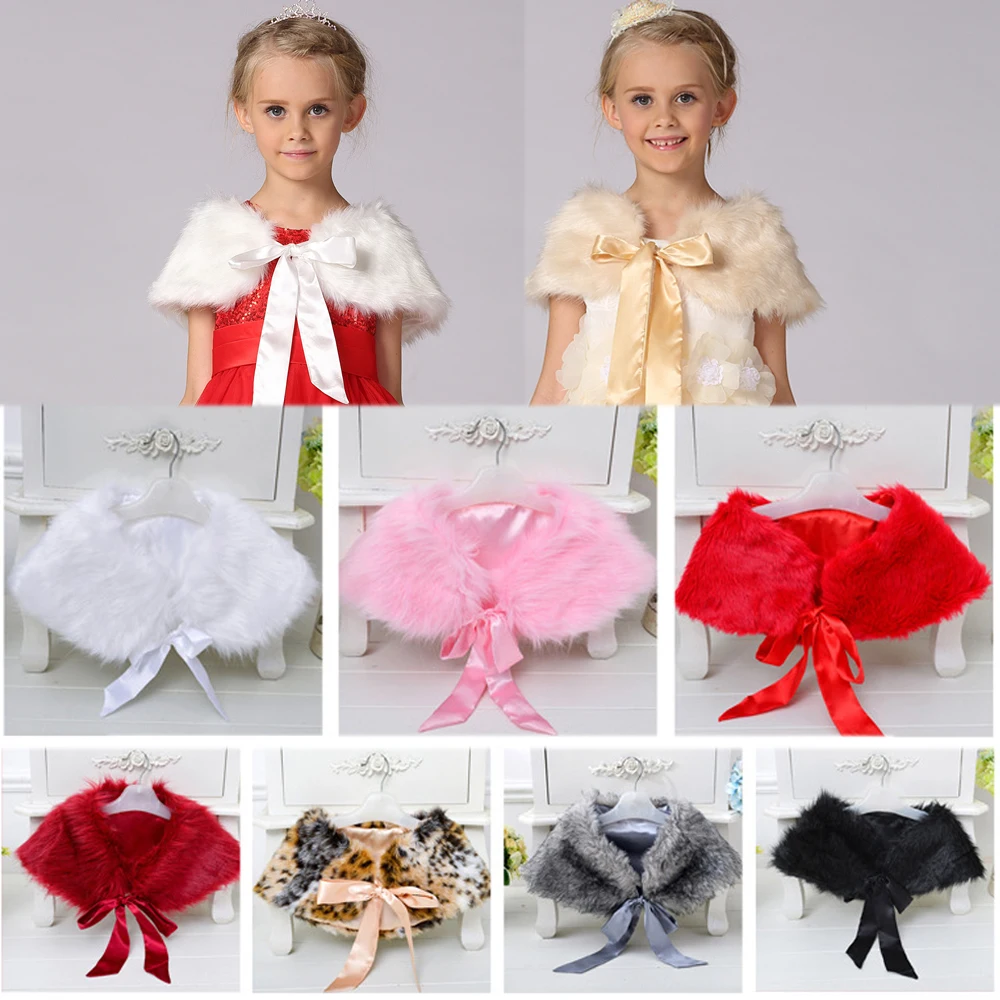 Girls Party Wedding Prom Shawl Coat Elegant Baptism Birthday Princess Fake Fur Girl Shawl Jacket Bow Host Performance Prom Coats