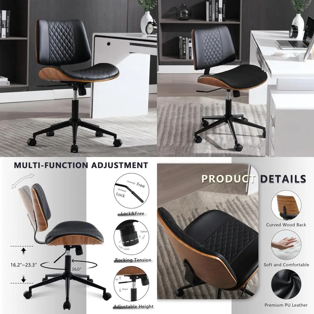 

Wheeled Adjustable Height PU Leather Mid-Back Swivel Office Chair without Arms