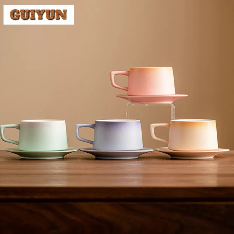 

280ml Boutique Gradient Color Coffee Cup Mug Afternoon Tea Personalized Mug Oatmeal Breakfast Mug Cup Saucer Kit Drinkware Gift