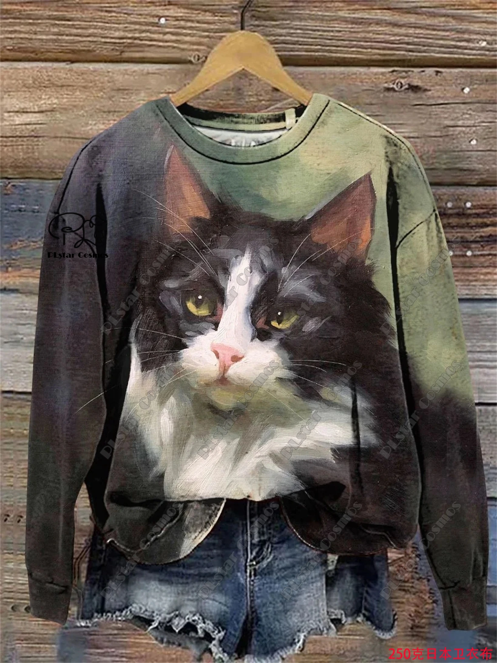 PLstar Cosmos 3D printed animal series cute cat pattern printed women's round neck long-sleeved casual top new model M-8