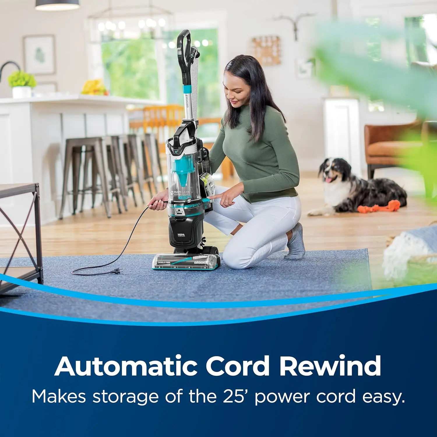 Vácuo para animais de estimação com rebobinamento de alérgenos multicamadas com sistema selado de filtro HEPA, rebobinamento automático de cabo, rolo de escova sem emaranhados e cabeçote de LED