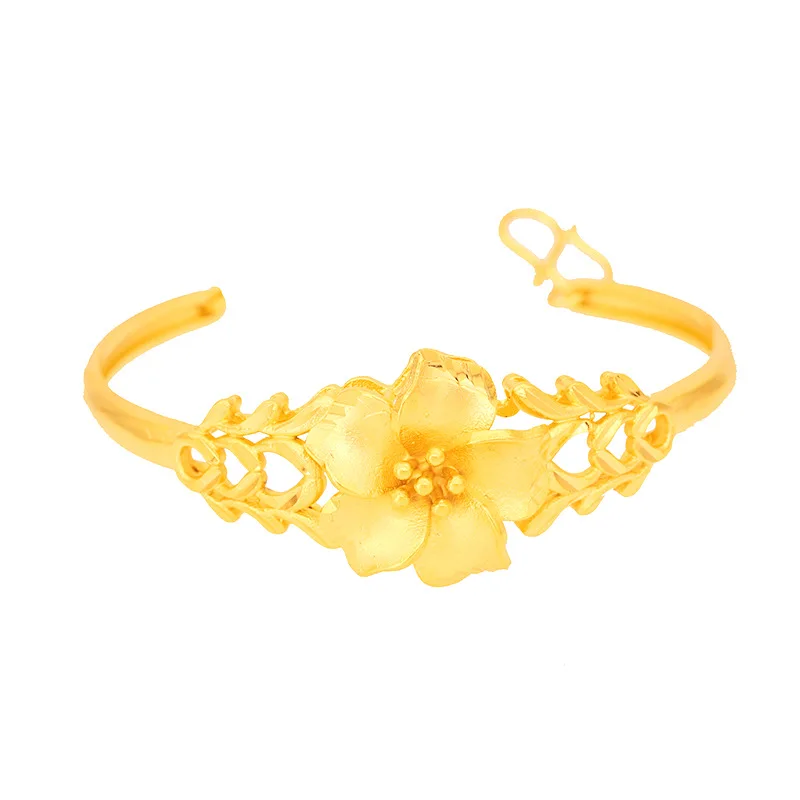 Real 14k Gold Color Elegant Flower Bracelet for Women Bride Engagement Birthday Wedding Bangles Jewelry Gifts Not Fade