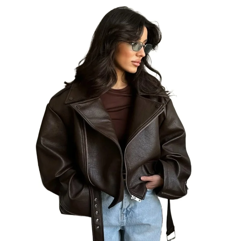 

Женское свободное пальто на пуговицах с длинным рукавом и лацканами на молнии, женская повседневная уличная верхняя одежда, повседневная черная кожаная короткая куртка на шнуровке