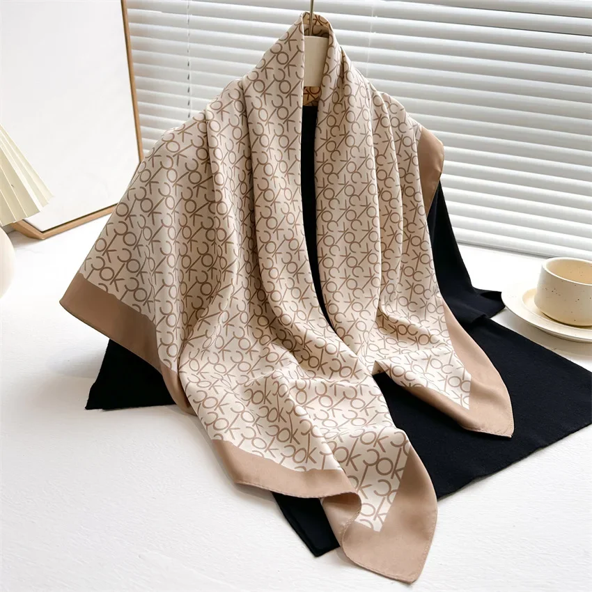2024 New Fashion Light Luxury Letters Print Silk Scarf 90cm Women Twill Simple Square Scarves Ladies Sunscreen Shawl Headscarf