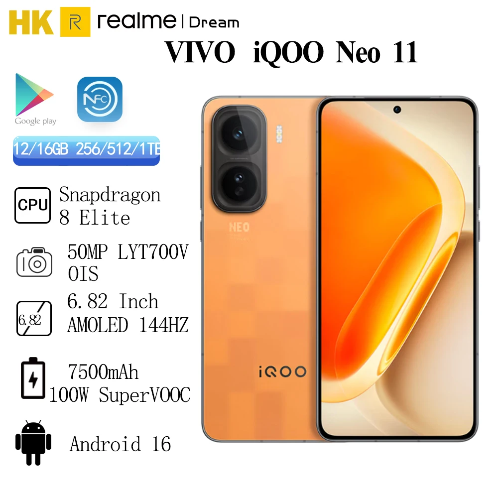 VIVO iQOO Neo 11 النسخة الصينية Snapdragon 8 Elite 7500mAh 100W SuperVOOC 6.82 بوصة AMOLED 144 هرتز 50MP LYT700V IP68 IP69