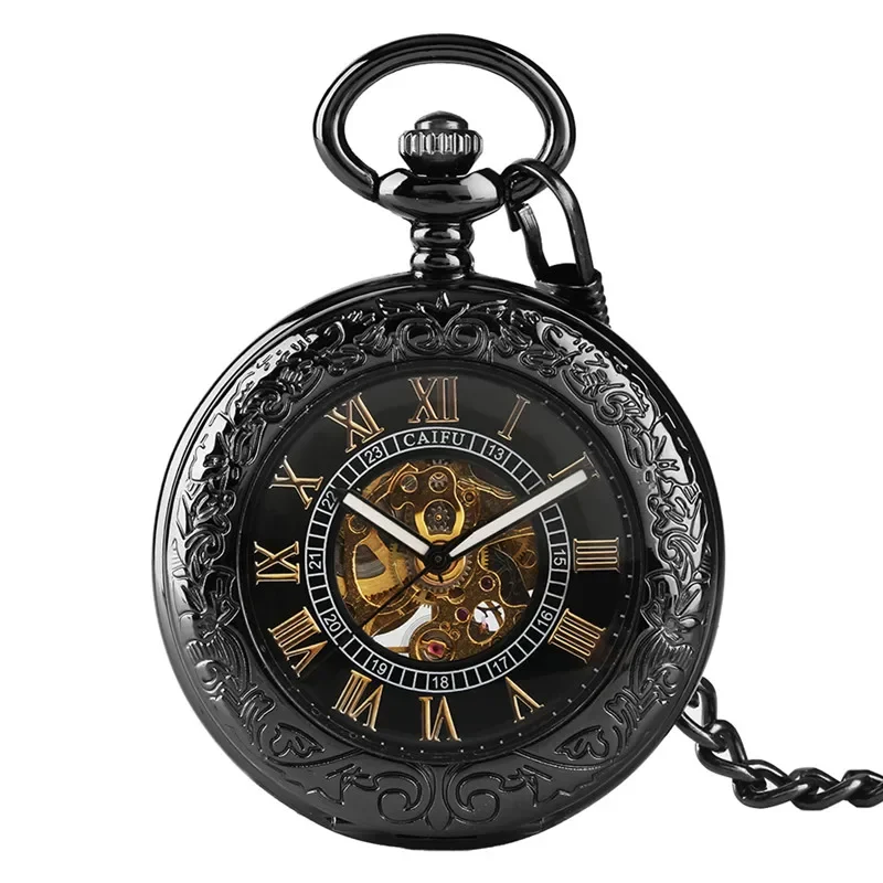 Retro Vintage Men Women Automatic Mechanical Pocket Watch Unisex Skeleton Clock Luminous Hands with FOB Pendant Chain Reloj