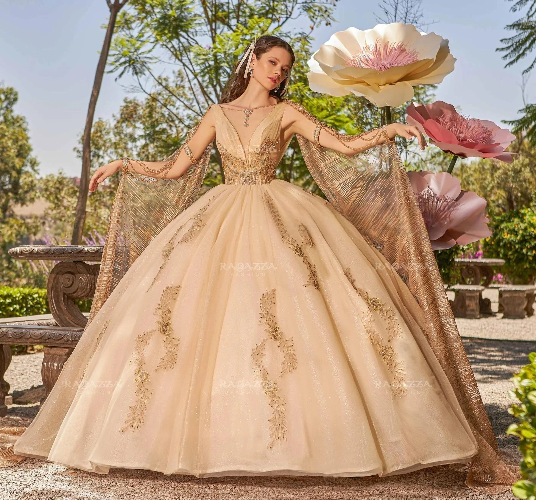 Sampanye gaun Quinceanera Meksiko gaun bola leher V applique manik-manik berkilau manis 16 Gaun 15 a00os