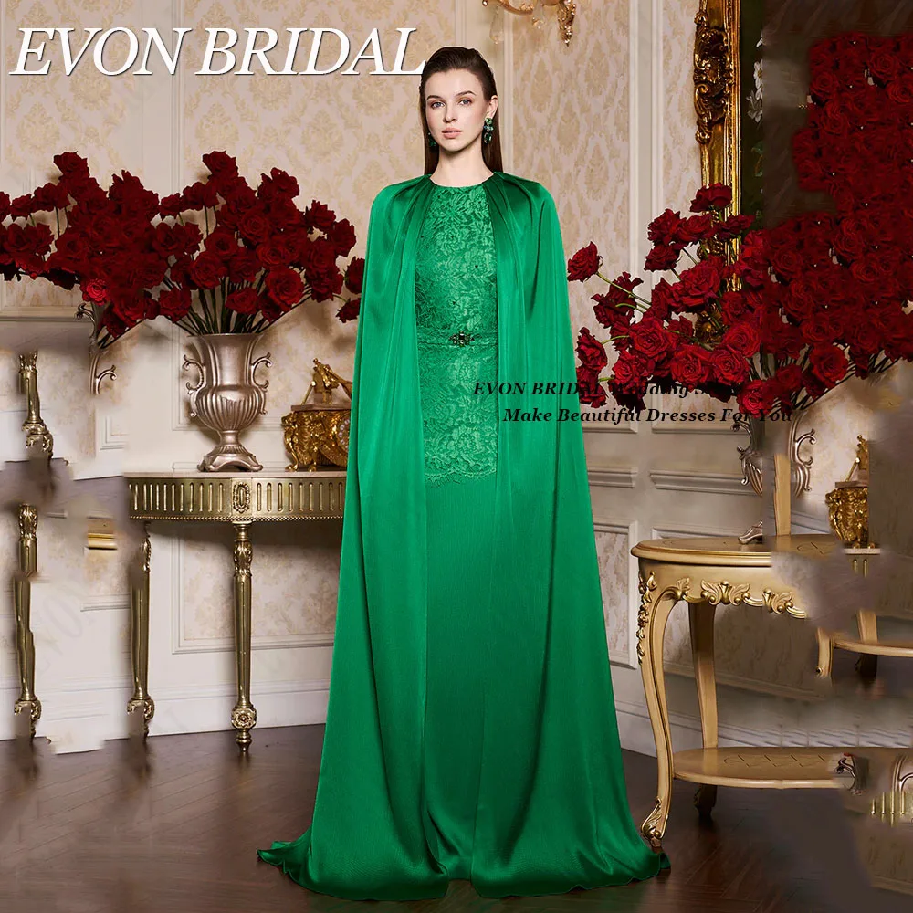 EVON BRIDAL Evening Gowns With Cape Long Sleevs O-Neck Mermaid Satin Saudi Arabia Woman Formal Occasion Dresses Lace Applique