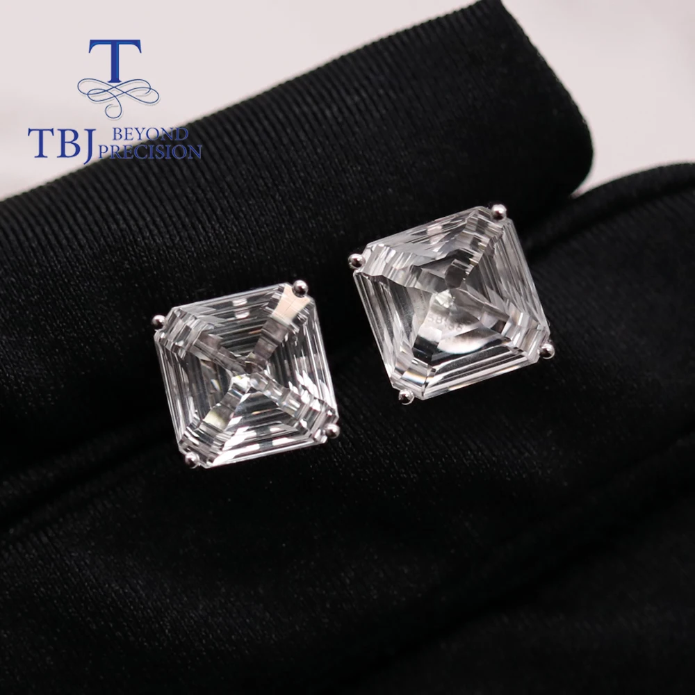 14K white gold natural white Quartz square 10mm Special cutting gemstone earrings simple design for women anniversary gift