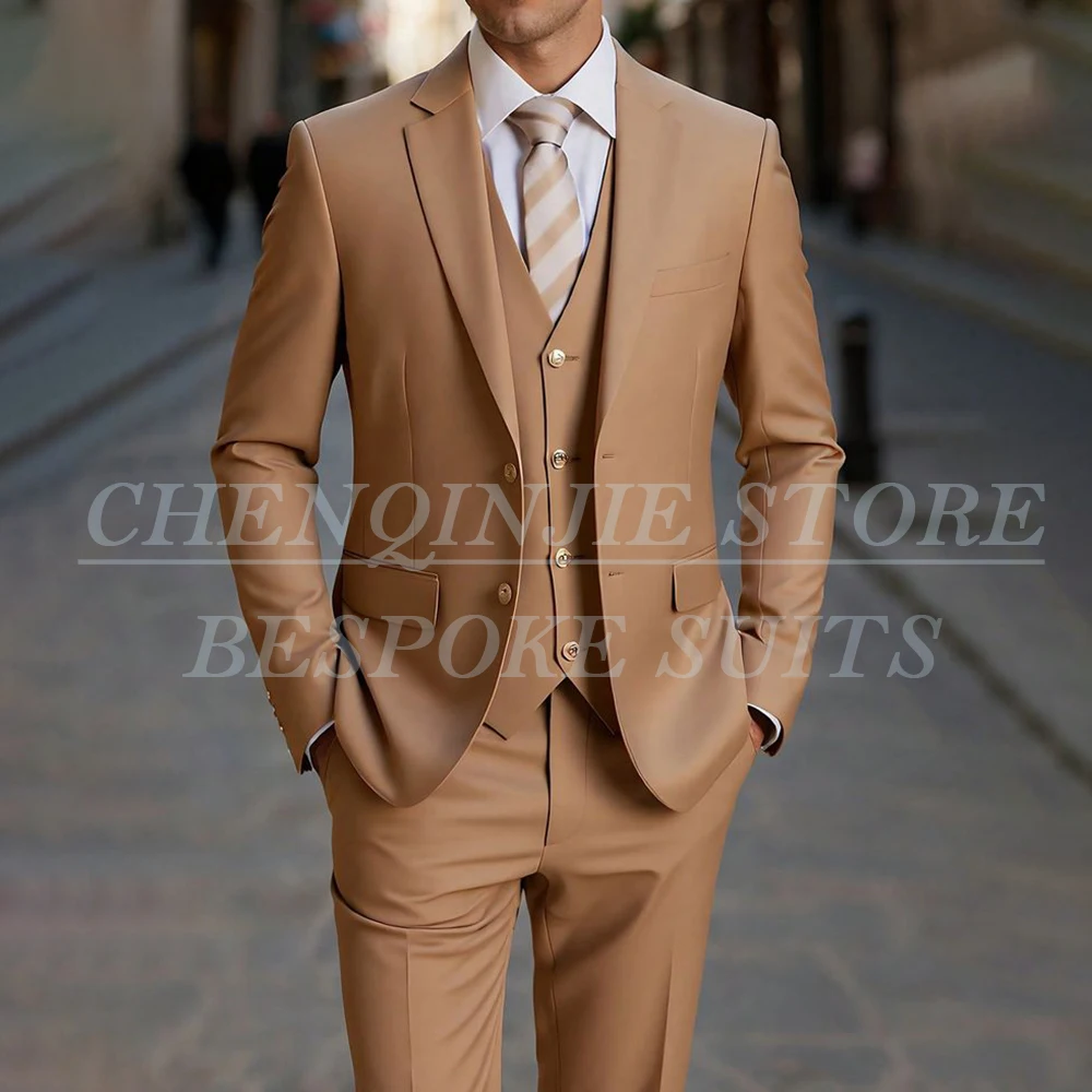 

Customzied Solid Color Men's Suits 3 Piece Formal Wedding Slim Fit Blazer With Shoulder Pads High Quality Jacket Pants Vest
