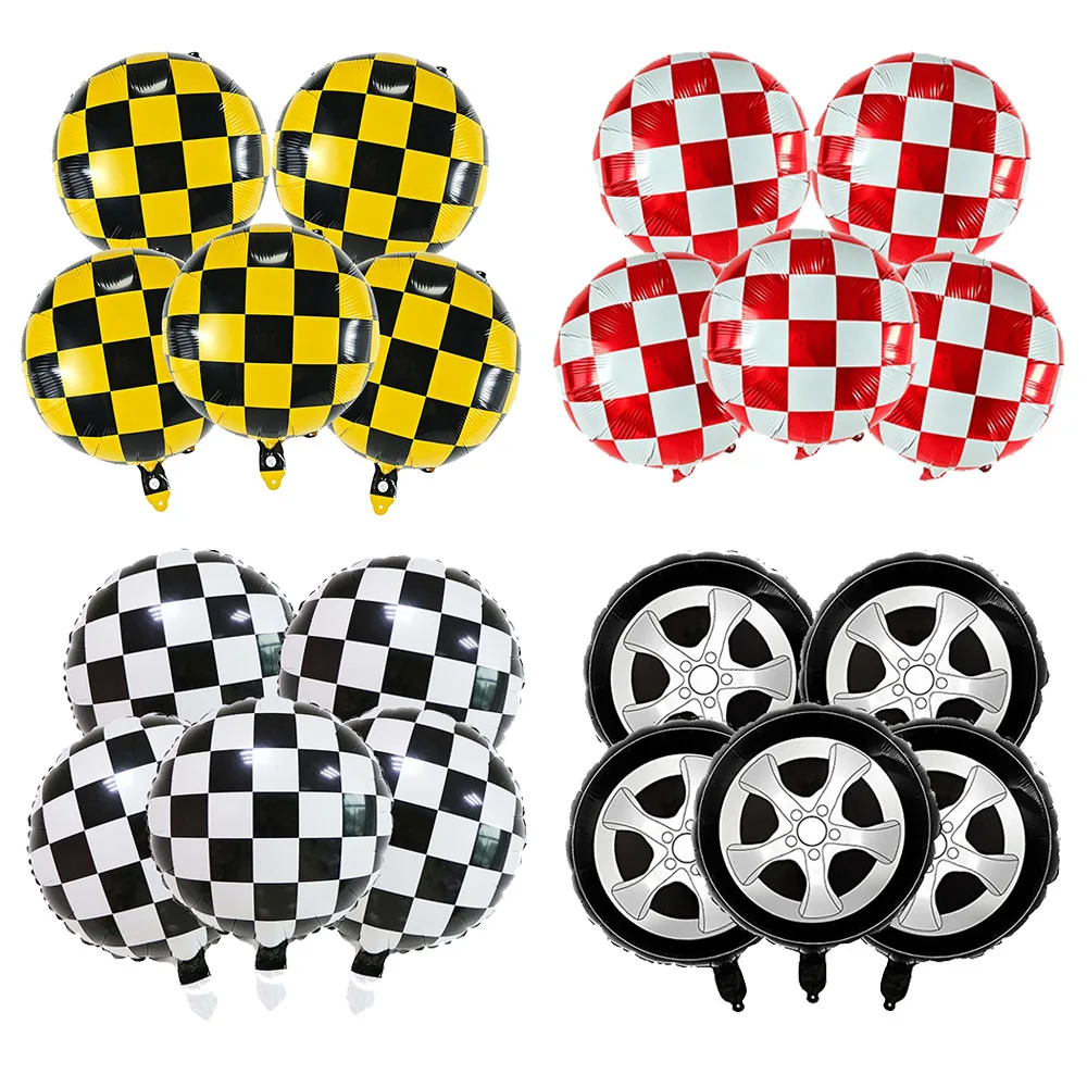 5 Stück karierte Ballons aus Aluminiumfolie, rot, gelb, schwarz, weiß, karierte Ballons für Geburtstagsparty-Dekorationen mit Rennsport-Thema