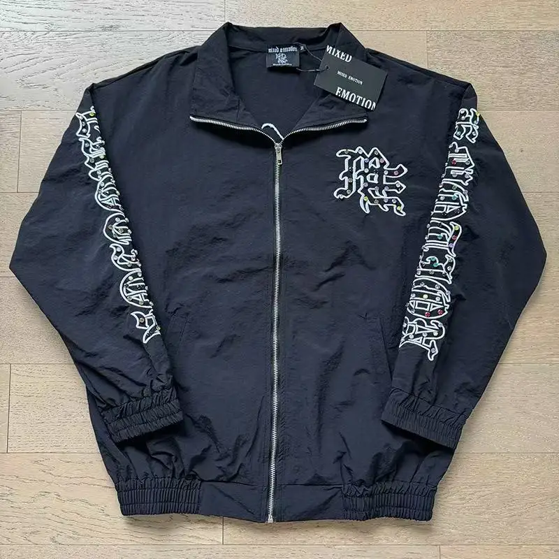 Mixed Emotion High Street Hip Hop Beaded Embroidered Letter Jacket - Men's and Women's Casual Loose Fit Zipper Coat