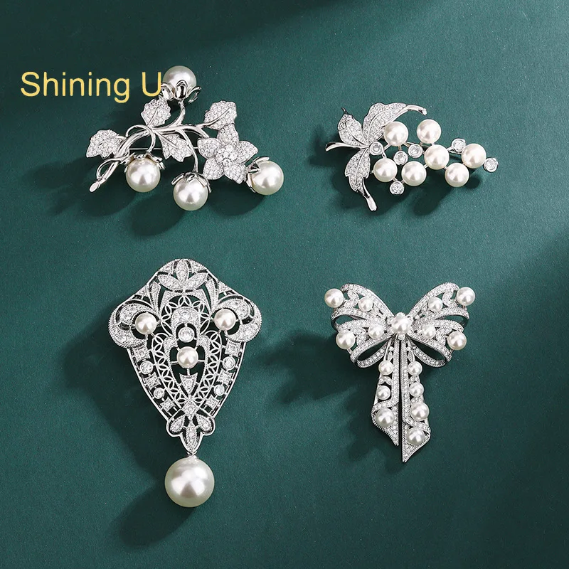 

Shining U Simulated Pearl Bowknot Brooch for Women Fashion Accessory Gift