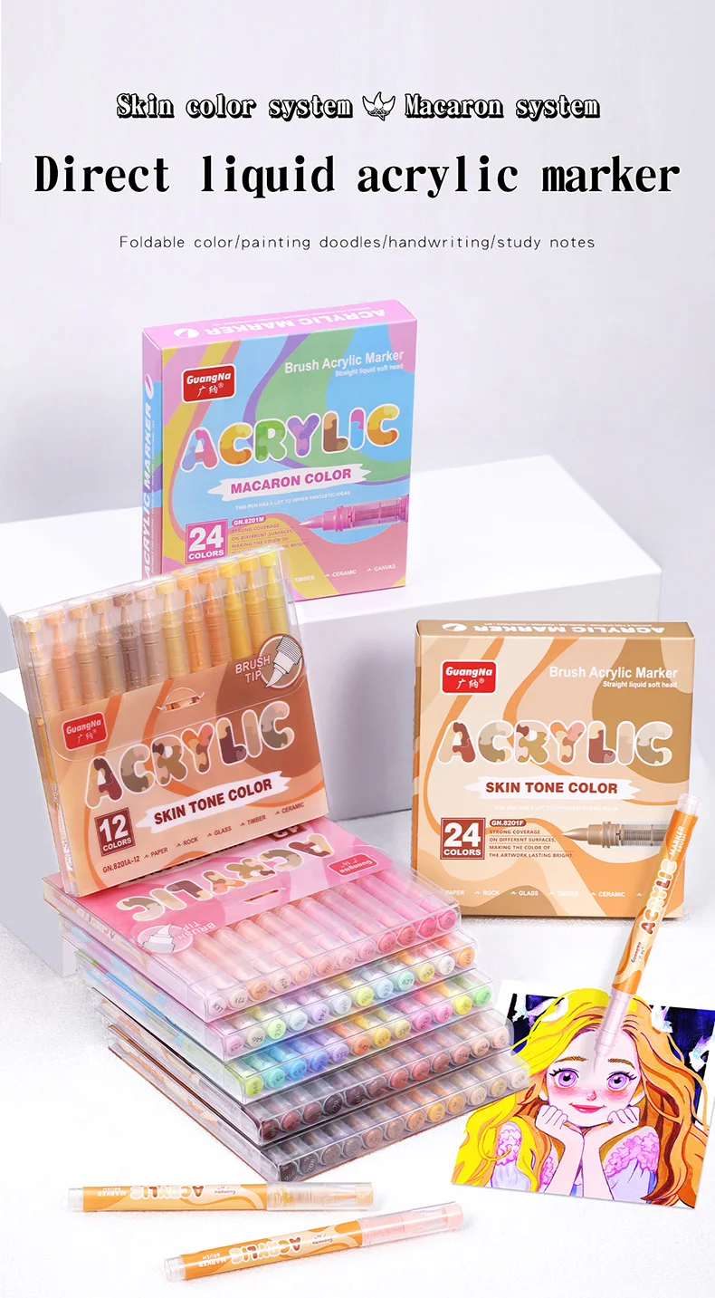 GuangNa 12-72 Farben Soft Brush Acryl-Markierungsstift-Set, Hautton, Macaron-Farbe, DIY handgezeichnet, Paint Art Markers Stifte, GN.8201F/M – Detail 20