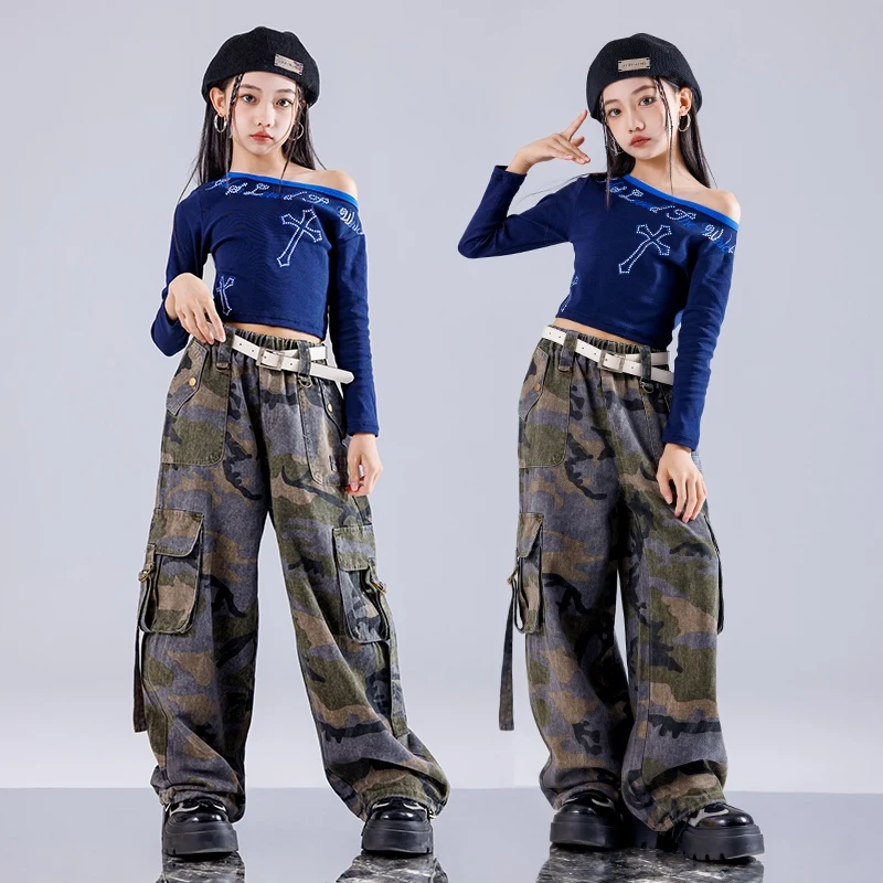 

Girls Hip-hop Long Sleeve Slanted Shoulder Top Camouflage Cargo Pants Kids Jazz Dance Costume Catwalk Show Costumes DQL9800