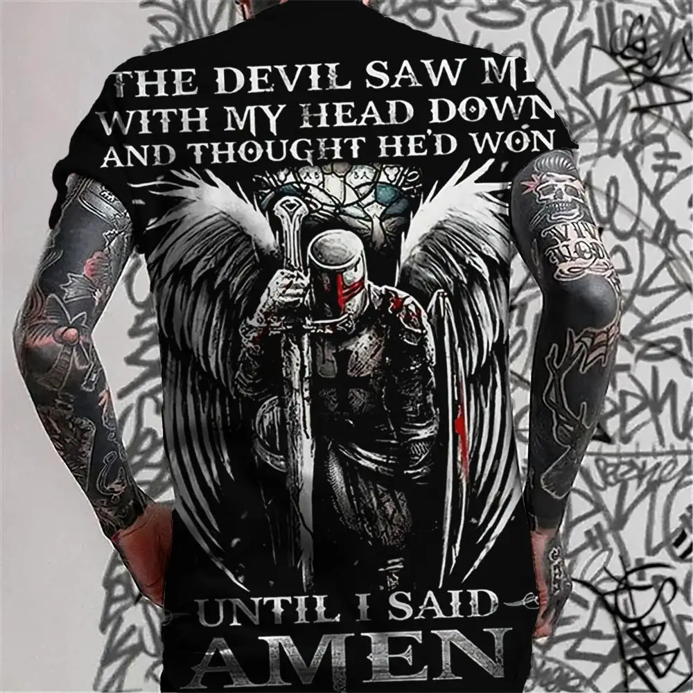 Retro Men\'s T-shirt Knight Graphic 3D Print Outdoor Street Short Sleeve Tops Casual Punk T Shirt For Men Clothing Oversized Tees