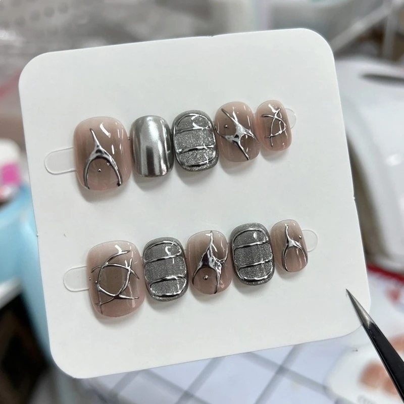 

10PCS Black Blush Handmade Press on Nails Dark Metallic Patterns Short Square Round Fake Nails Sweet Cool Cat Eye False Nail Art