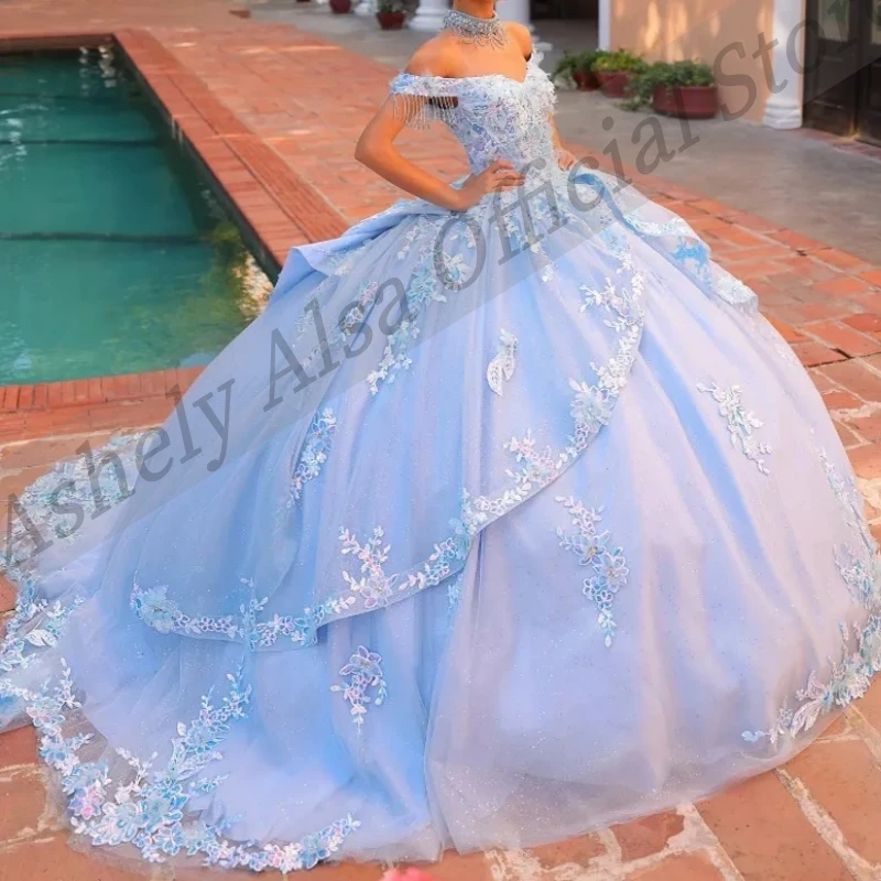 Robes de Quinceanera mexicaines bleu ciel personnalisées pour femmes, robe de Rhen dentelle, robe de Rhde perles, robe de fête d'anniversaire, Off Initiated, AQ33