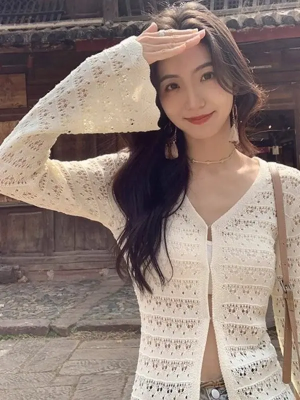 Women's Summer Thin Ice Silk Hollow out Knitted Cardigan Sleeveless Waist-Cinching Slimming Outerwear Fashionable Top