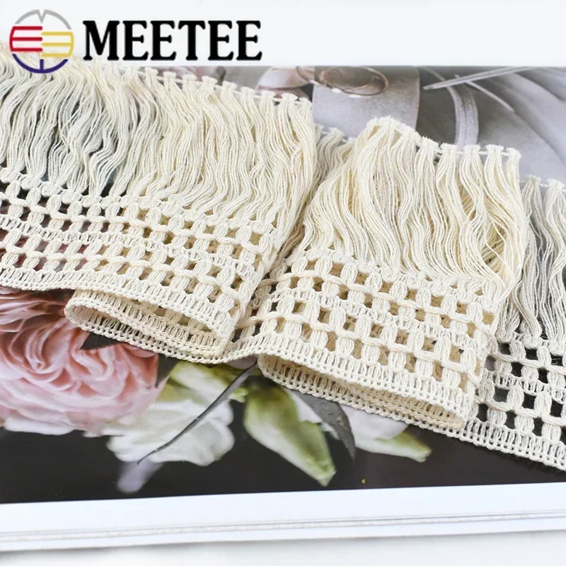 2/4/8Meter Meetee 12cm Cotton Fringe Tassels Lace Fabric Long Ribbon Trim for Sofa Curtain Knot Decor DIY Sewing Crafts Material