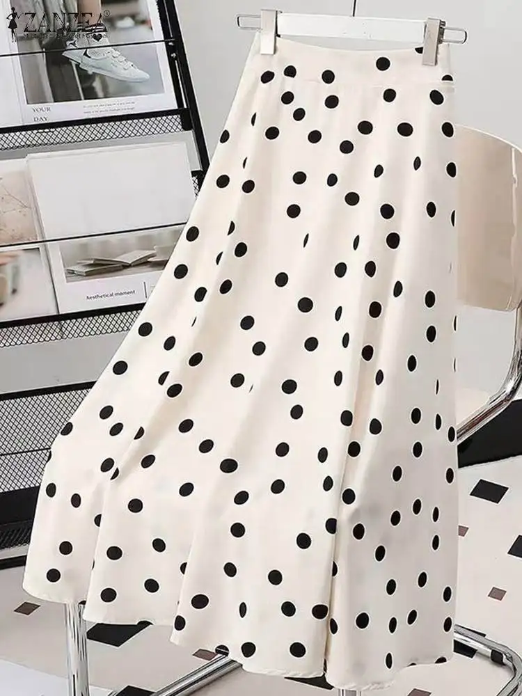 Zanzea Zomer Polka Dot Paraplu Rok Vrouwen Casual Plooien A Line Midi Rokken Elastische Taille Jupe Vakantie Strand Bohemian Faldas