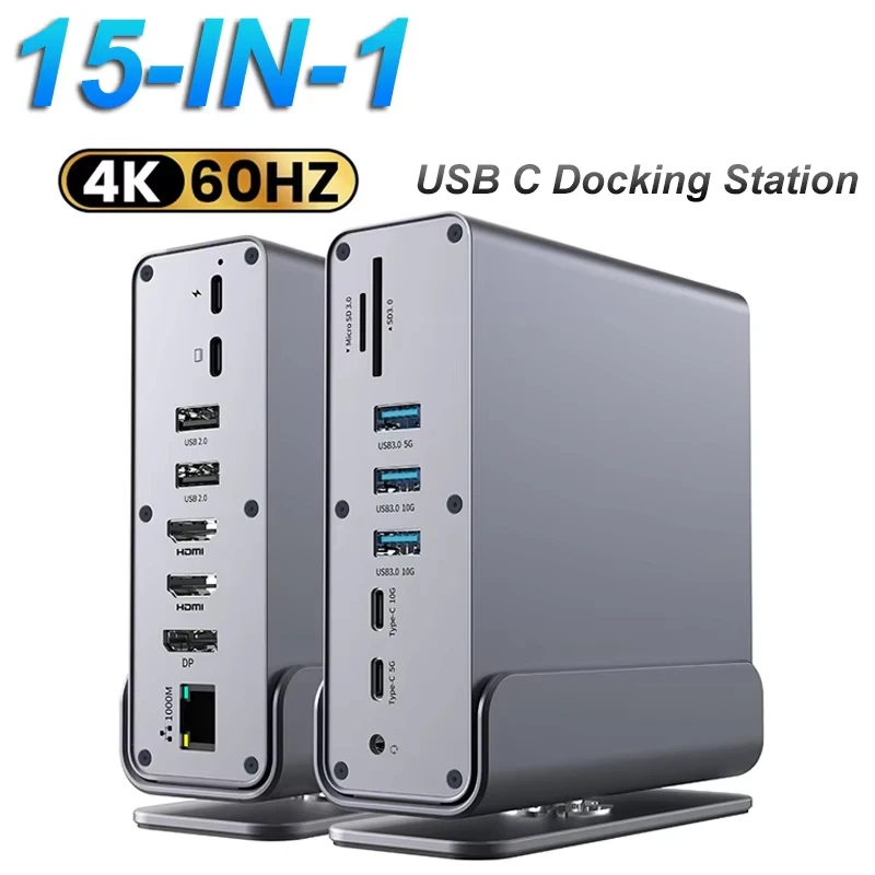 15 in 1 Vertical Laptop Docking Station Triple Screen 4K HDMI RJ45 1000M Ethernet 100W PD USB Card Reader Metal Hub for MacBook