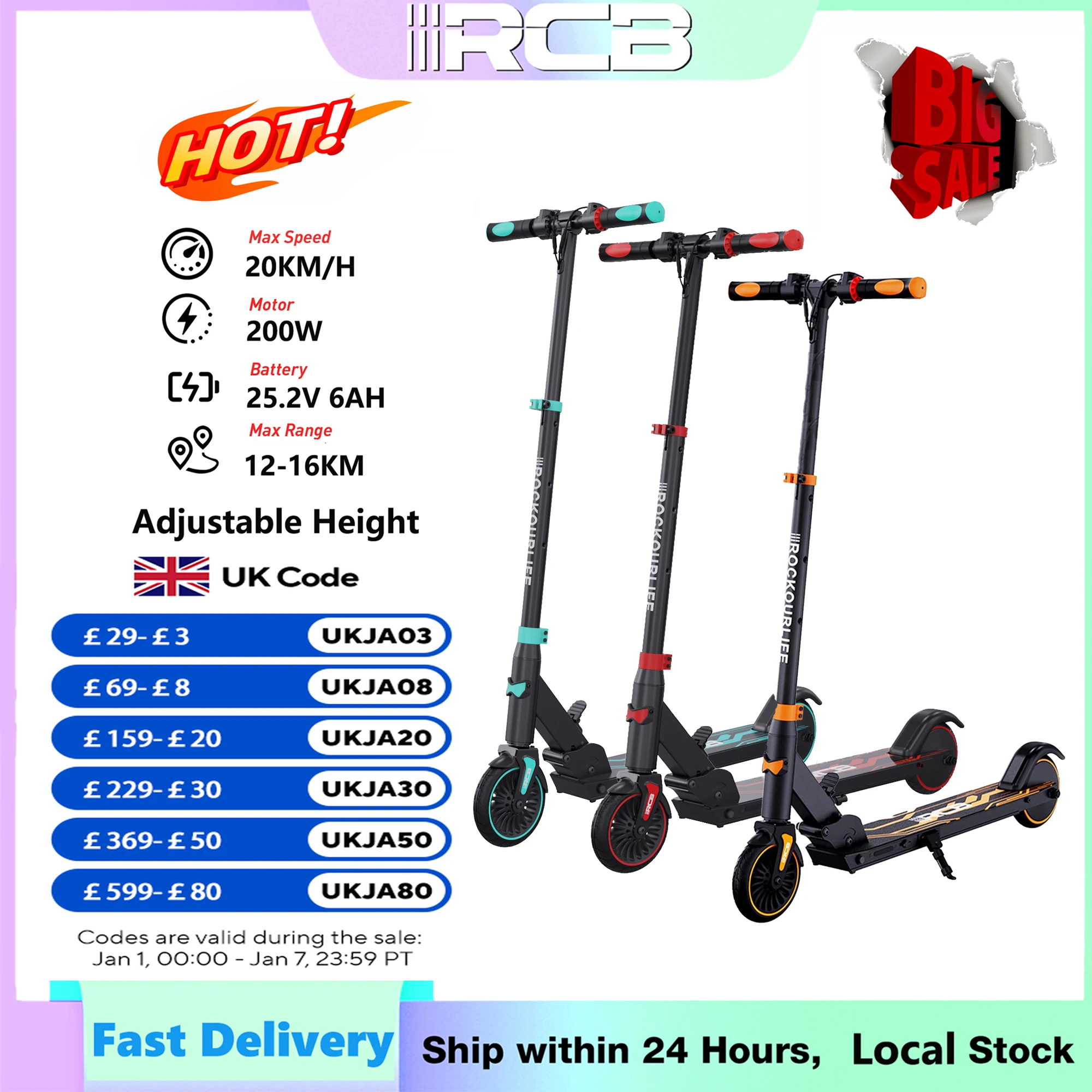 RCB E-Scooter Children (8-12-16 Years), Foldable Electric Scooter for Children, Max Range 16 km/h, Max. 20 km/h, Great Gift