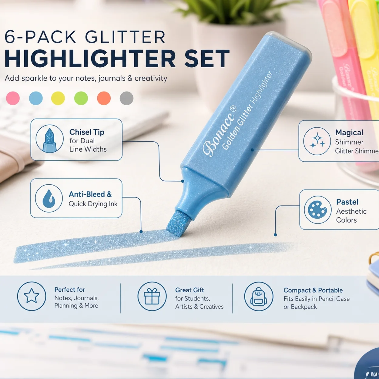 6Pcs Glitter Highlighter Pens Chisel Tip - Sparkle Fluorescent Marker Set for School Office Supplies Journaling Notes
