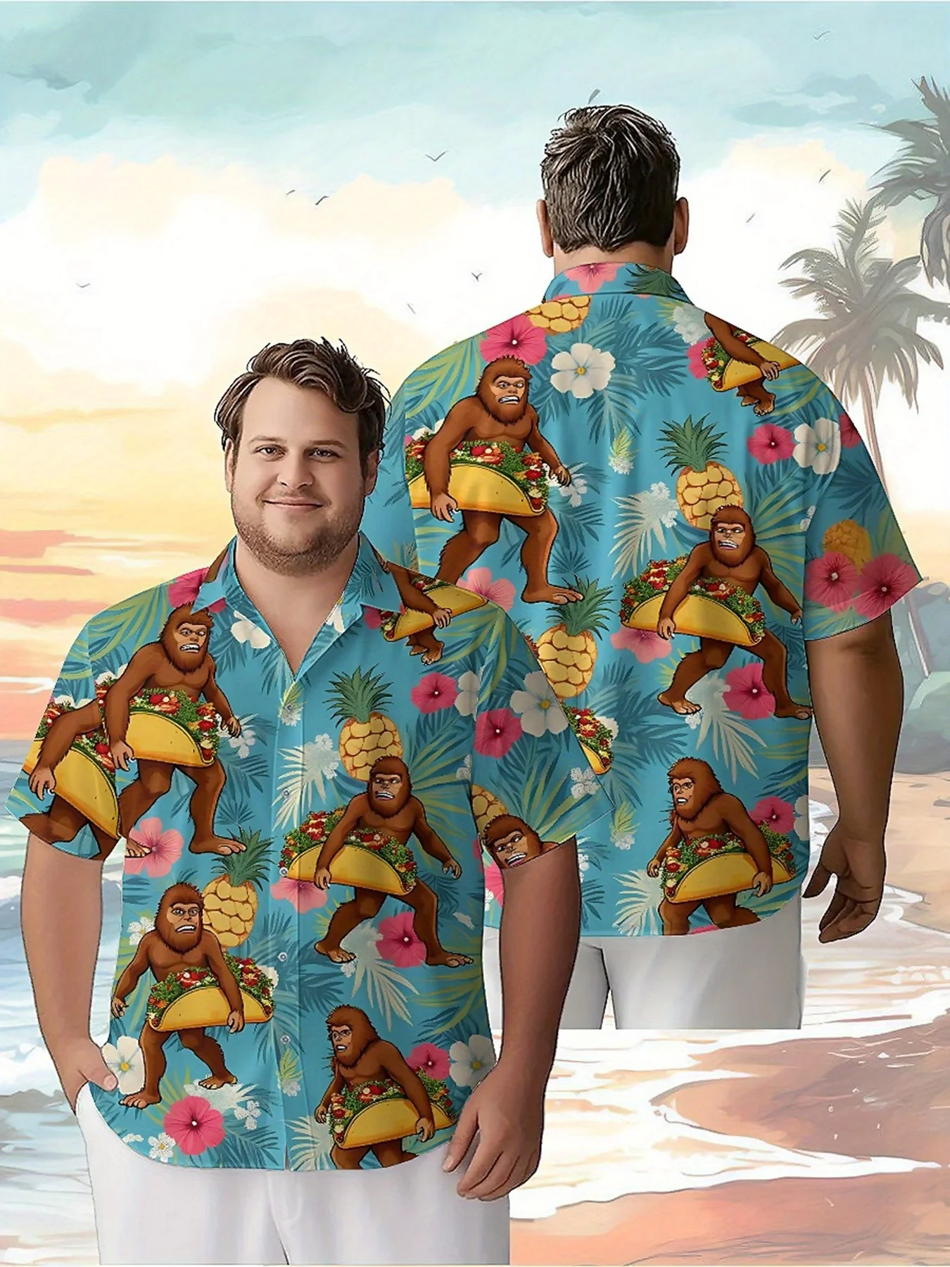 

Men's Plus Size Hawaiian ShirtsSasquatch Tropical Adventurepattern, Fashionable Aloha Shirt, Summer Casual Top,3D Unisex Clothes