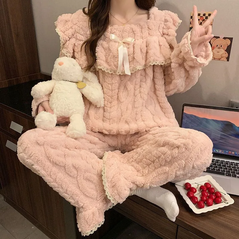 

Thickened Coral Fleece Pajamas Sleepwear Set Women's Square Collar Girl's Home Clothes Warm Home Suit Loungewear Autumn Winter