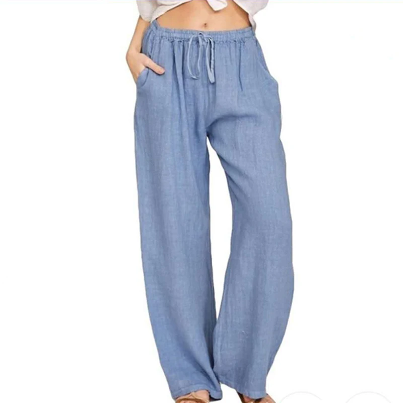 

Women Pants Solid Loose Linen Pants Big Size Women Clothing Streetwear Drawstring Wide Leg Urban Leisure Women Pants