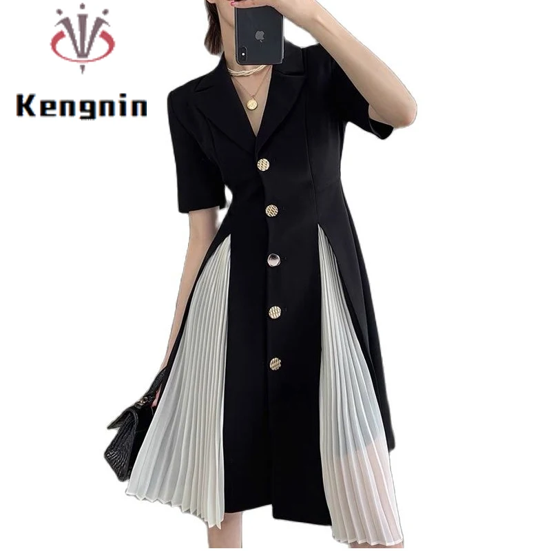 

Black Women Dress 2023 Summer New Loose Female Robe Patchwork Pleated Short Sleeve Office Lady Work Vestido Plus Size 4XL KE2428